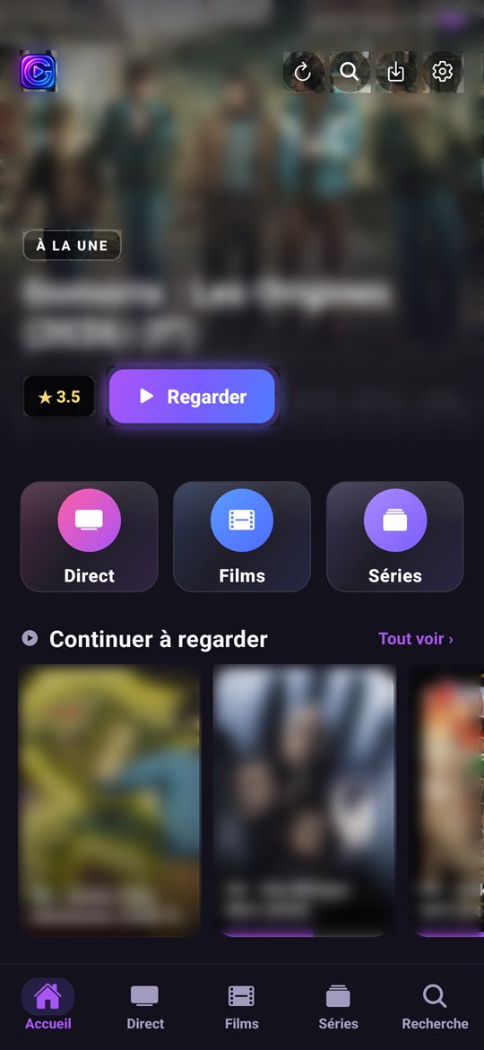 Gstream IPTV — écran d'accueil : à la une, Direct, Films, Séries, Continuer à regarder
