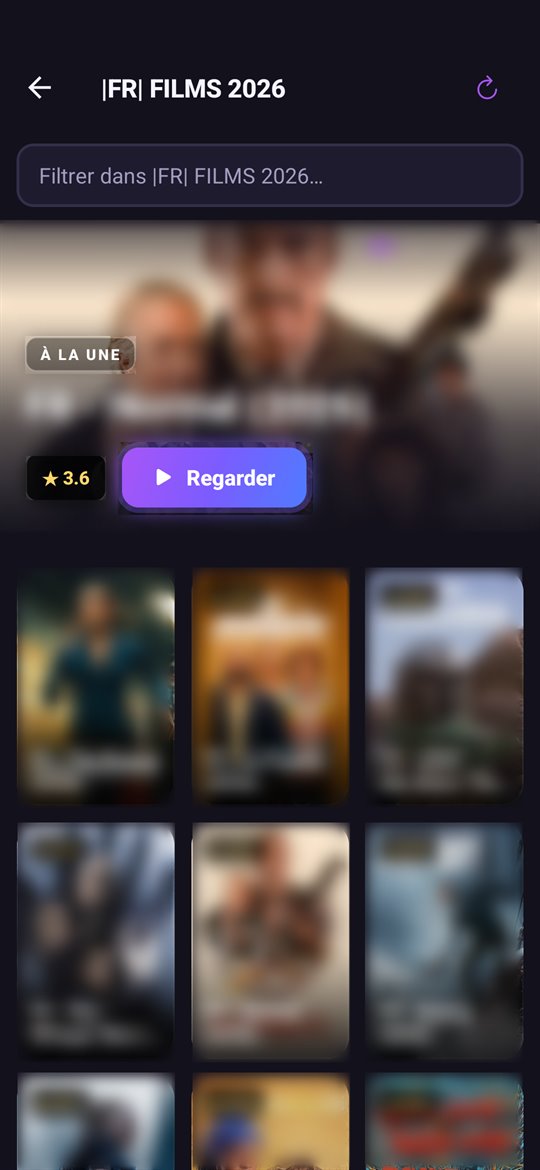 Gstream IPTV — grille de films avec affiches, notes et film à la une