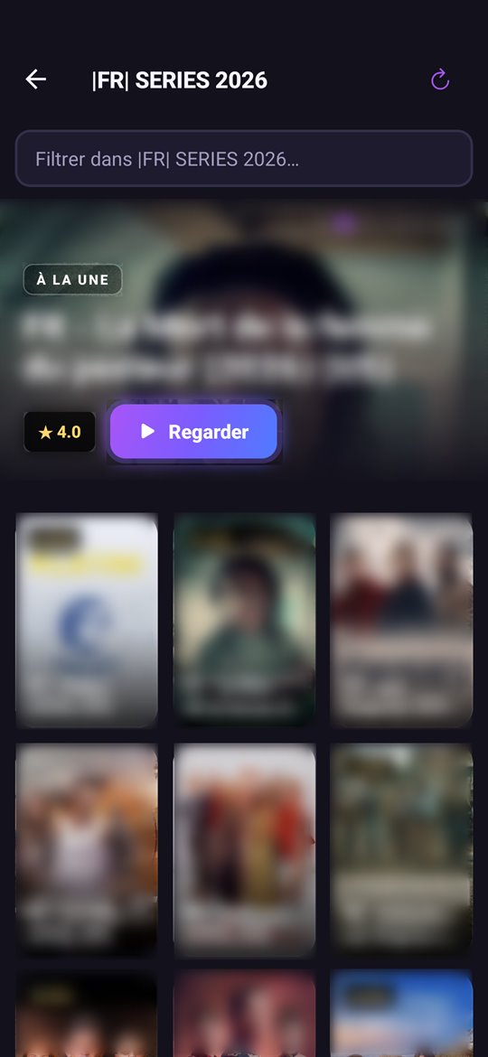 Gstream IPTV — grille de séries avec affiches et série à la une